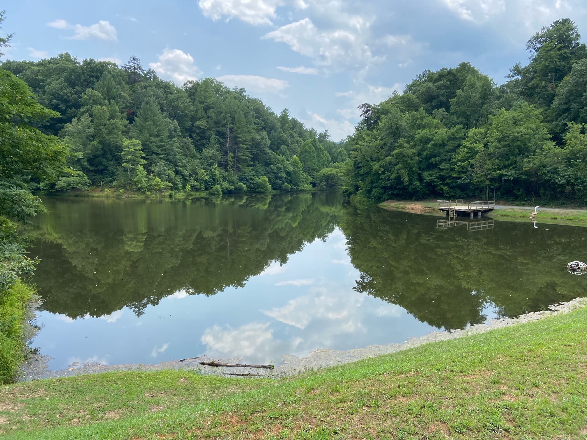 Tranquil community lake with a wooden dock
